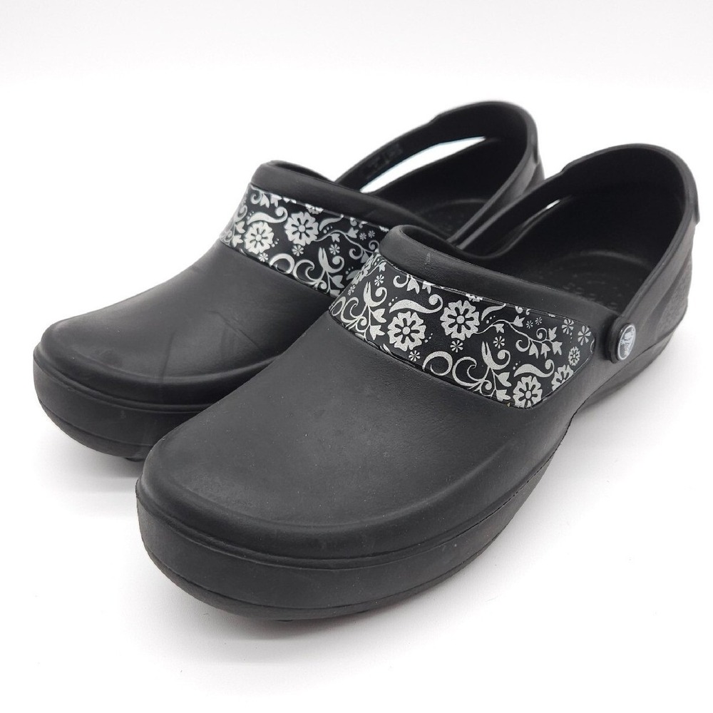 Crocs Women Size 11 Black Clogs Mercy Work Floral Slip Resistant‎ Nursing Shoes